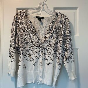 White House Black Market Embellished Buttoned Blouse in Black and White